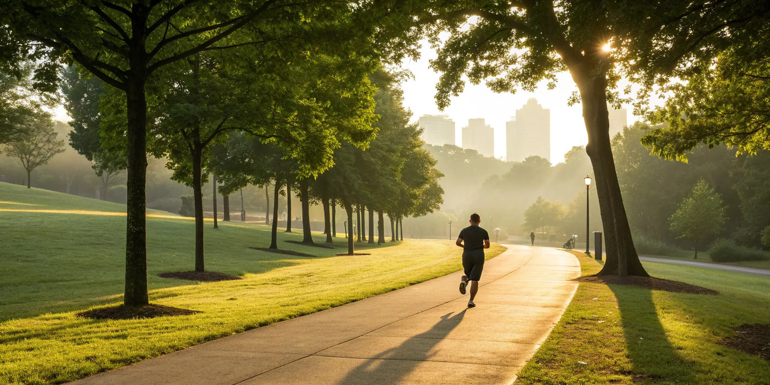 Man jogging in an Atlanta park, a successful way to avoid knee surgery.