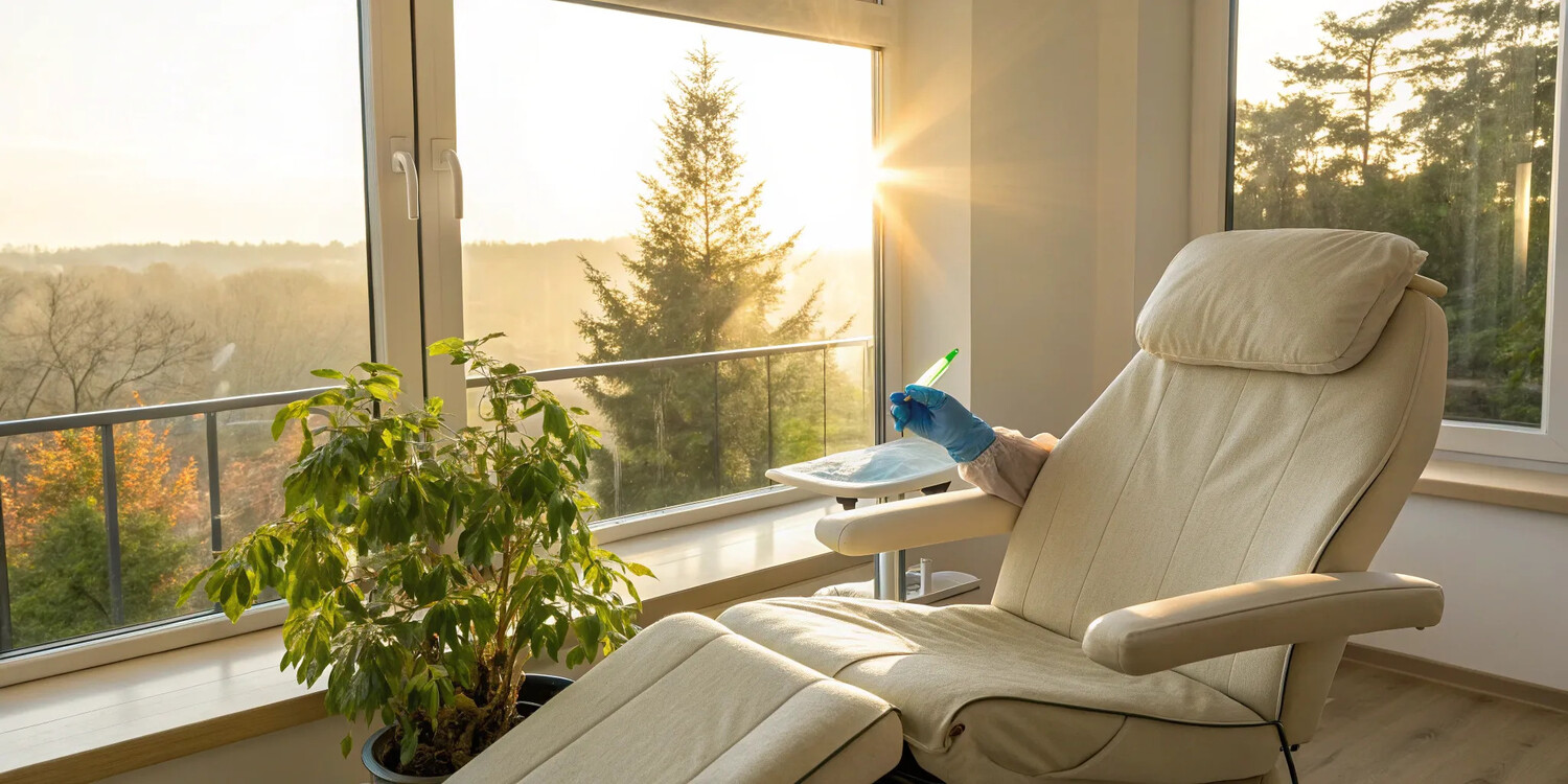 Treatment chair in a clinic prepared for stem cell knee injections in Atlanta.