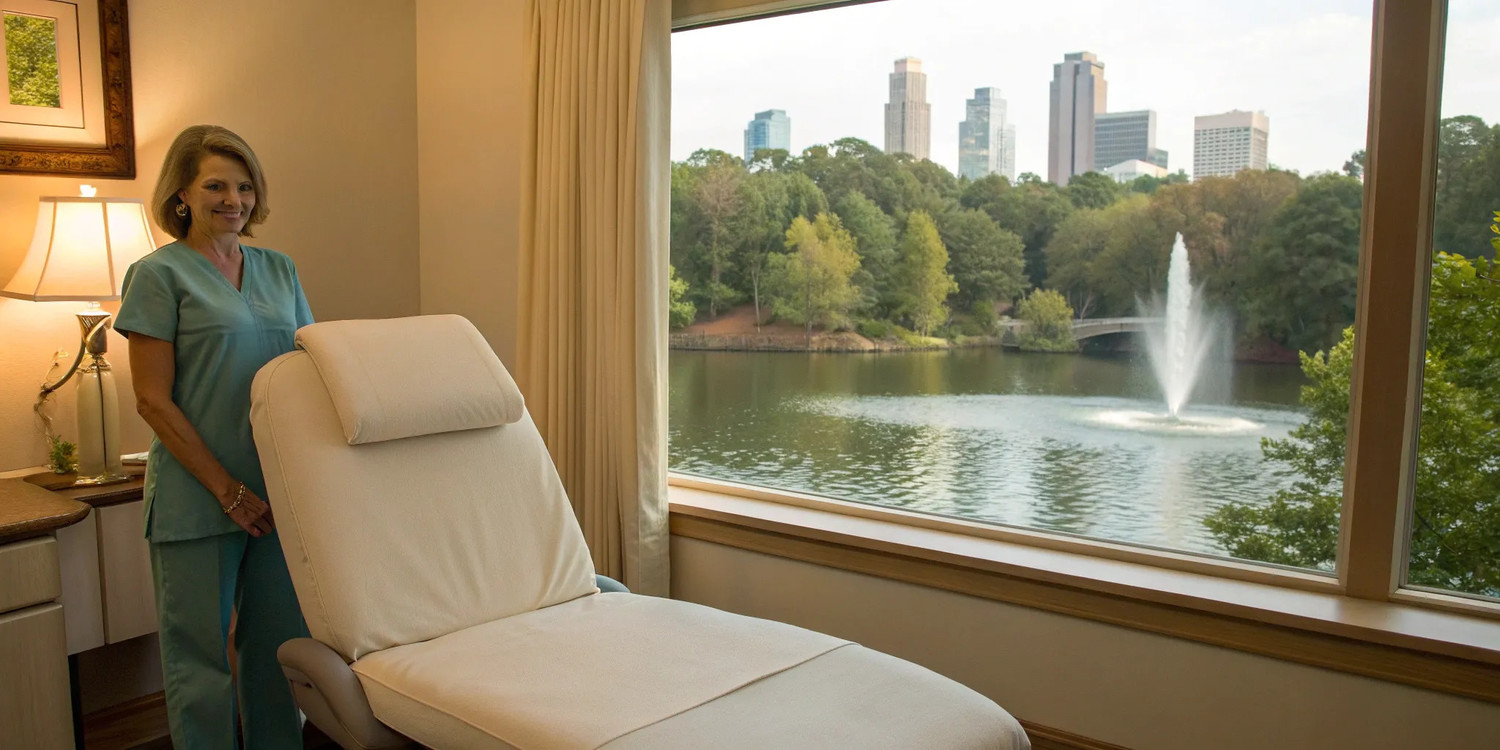 A patient at a knee pain clinic in Atlanta discussing relief options with a doctor.