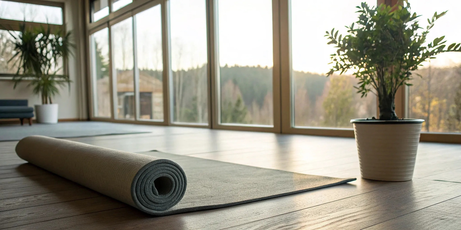 A peaceful room with a yoga mat, ready to achieve the mind and body benefits of stretch therapy.