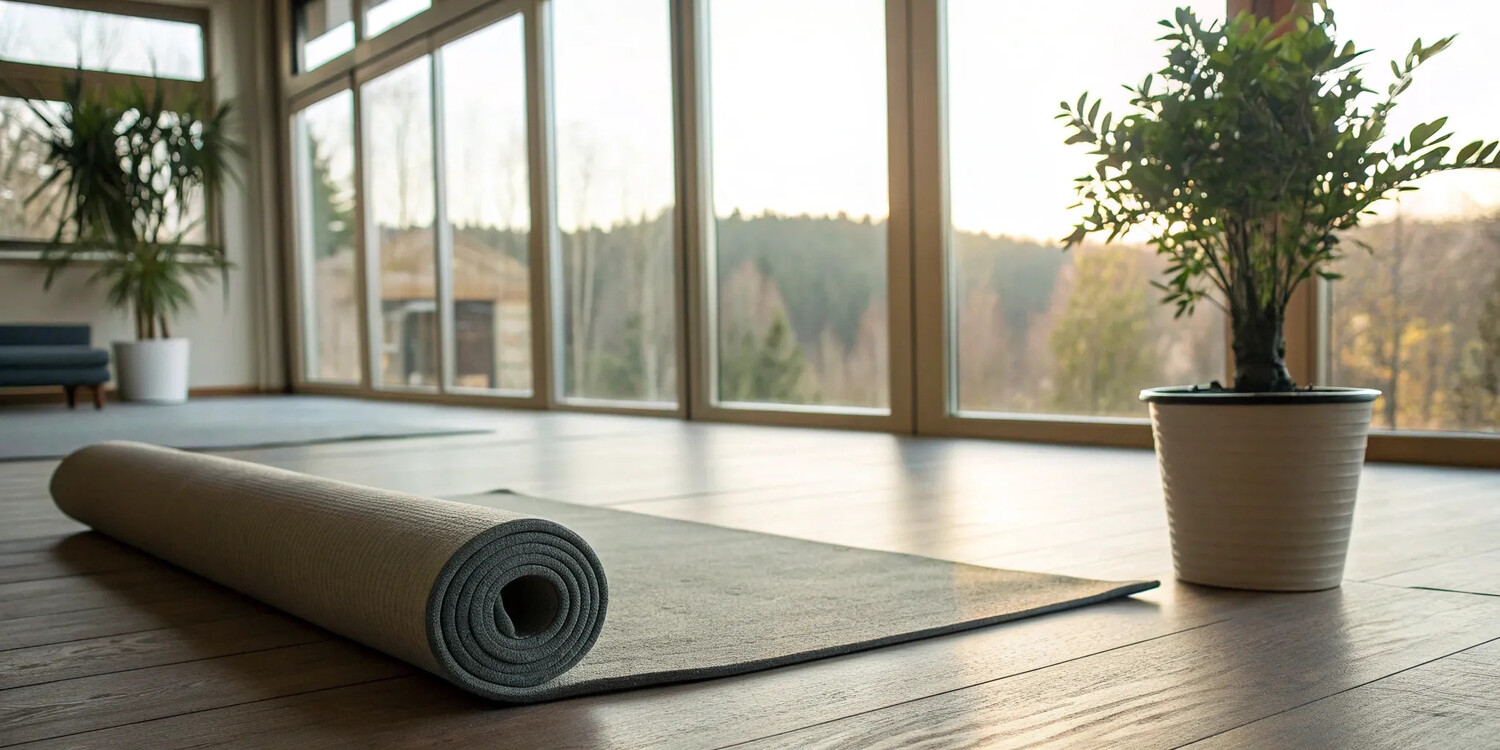 A peaceful room with a yoga mat, ready to achieve the mind and body benefits of stretch therapy.