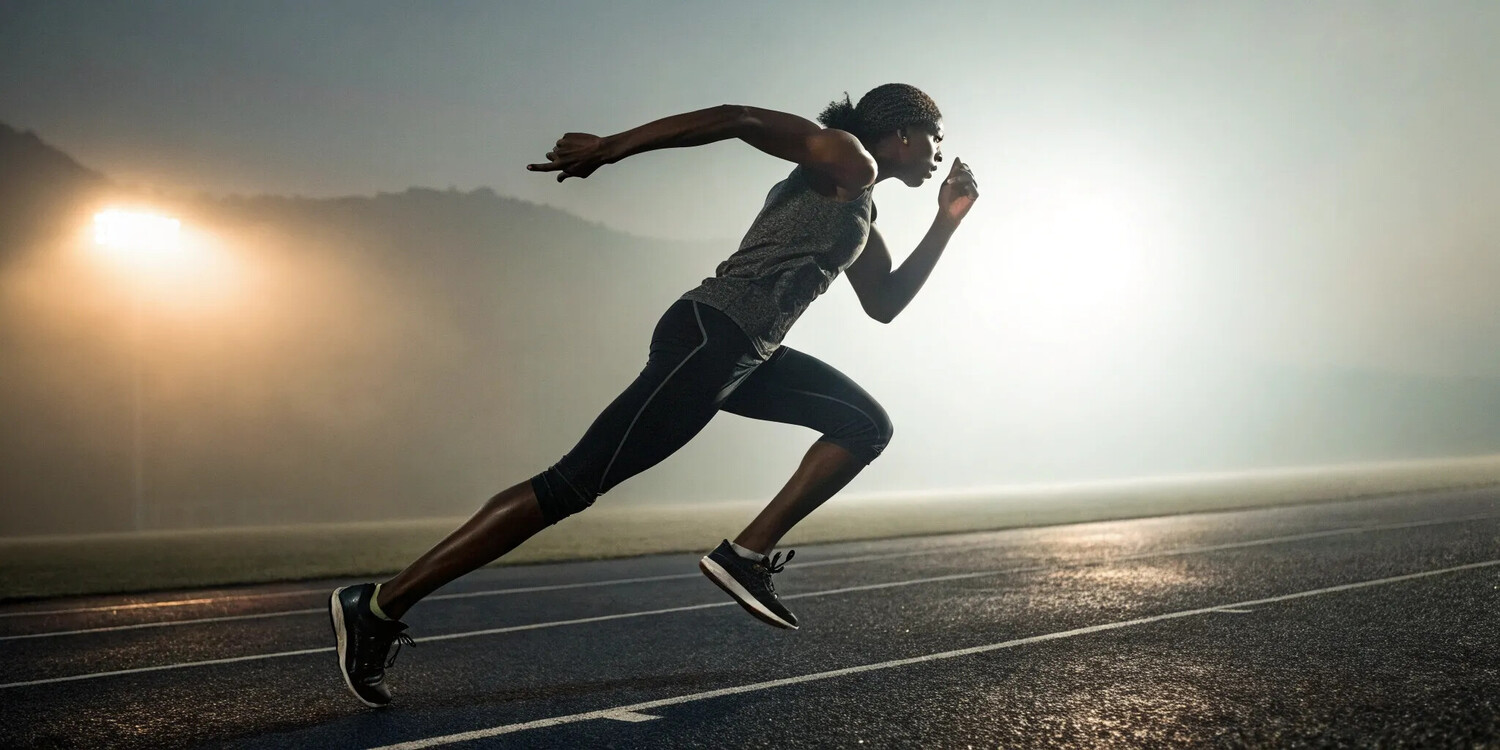Athlete sprinting at peak performance, a result of stem cell therapy for natural healing.