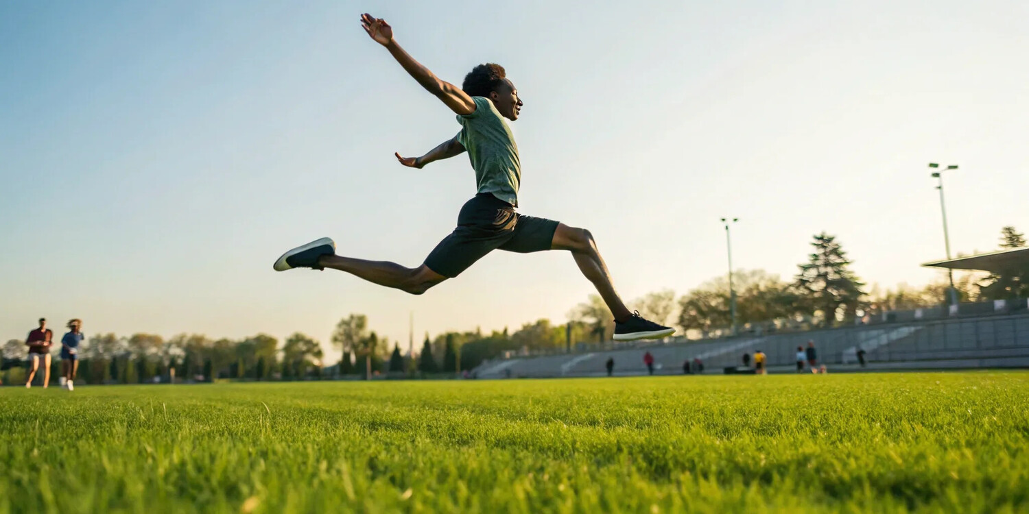 Stem cell and regenerative medicine for a collegiate athlete performing a long jump.