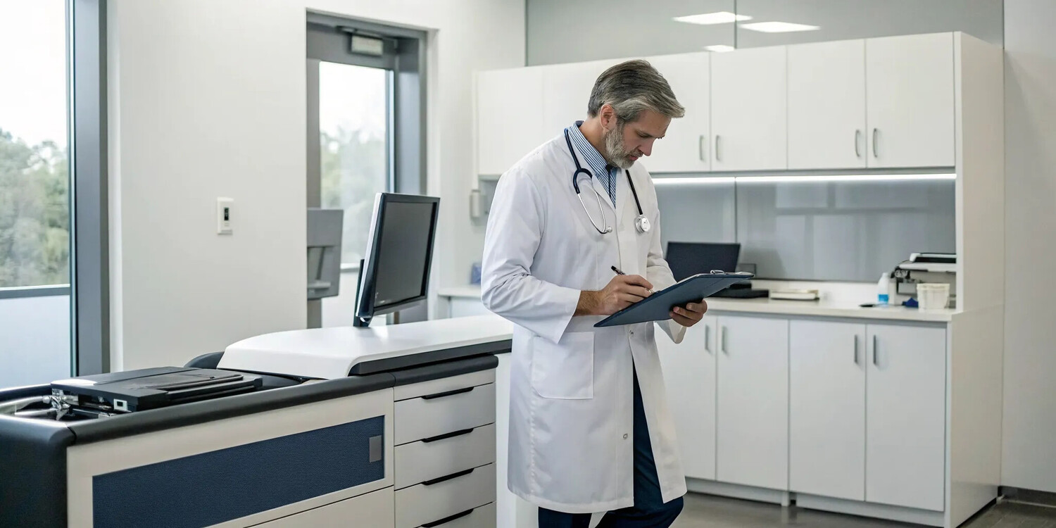 Regenerative medicine doctor in Atlanta reviewing patient chart in modern clinic.