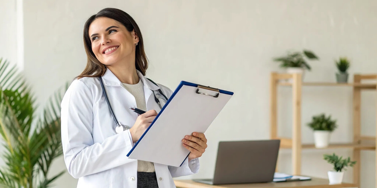 Female doctor with a clipboard discussing hormone replacement therapy for women.