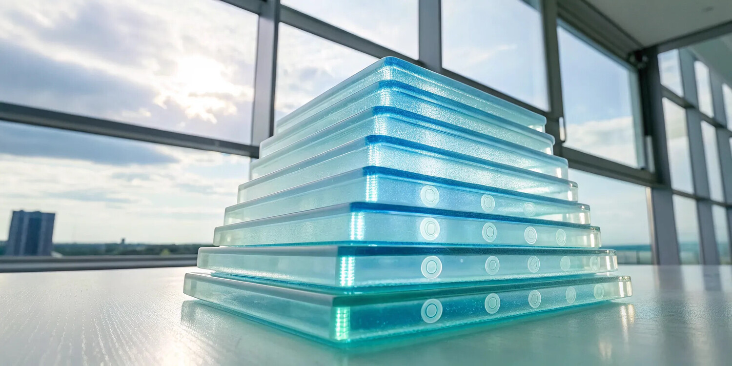 A stack of blue transparent plates showing the healing benefits of the KLOW stack.