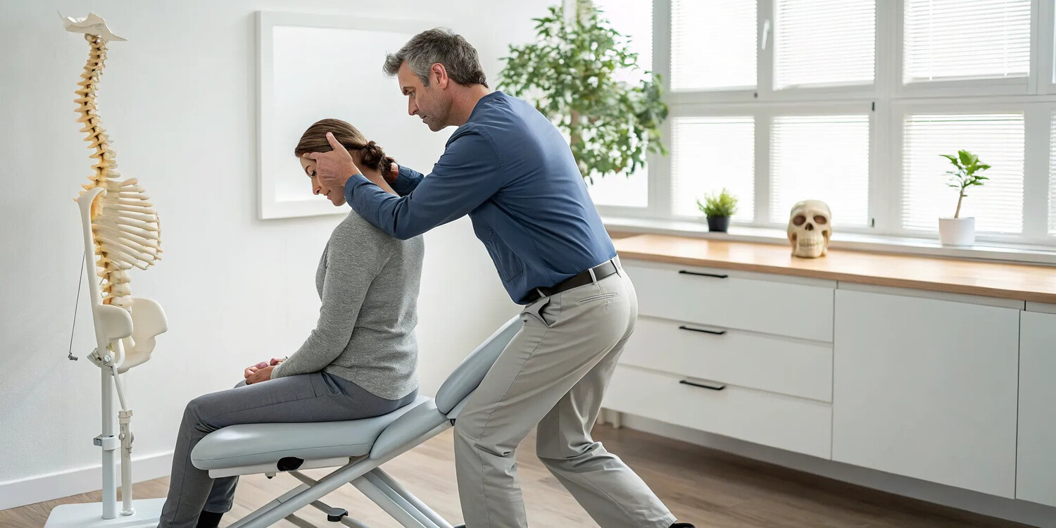 Chiropractor performing a cervical adjustment for migraine relief.