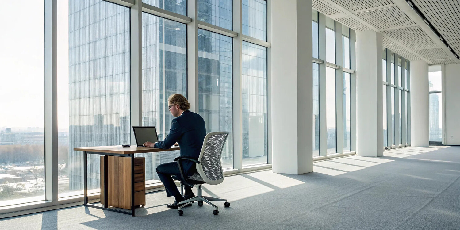 Man hunched over a desk with poor posture from sitting all day.