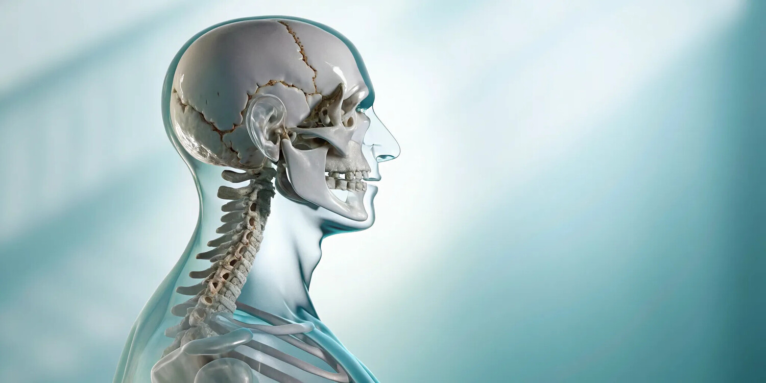 The connection between spinal health and headaches visualized by a 3D rendering of the cervical spine and skull.