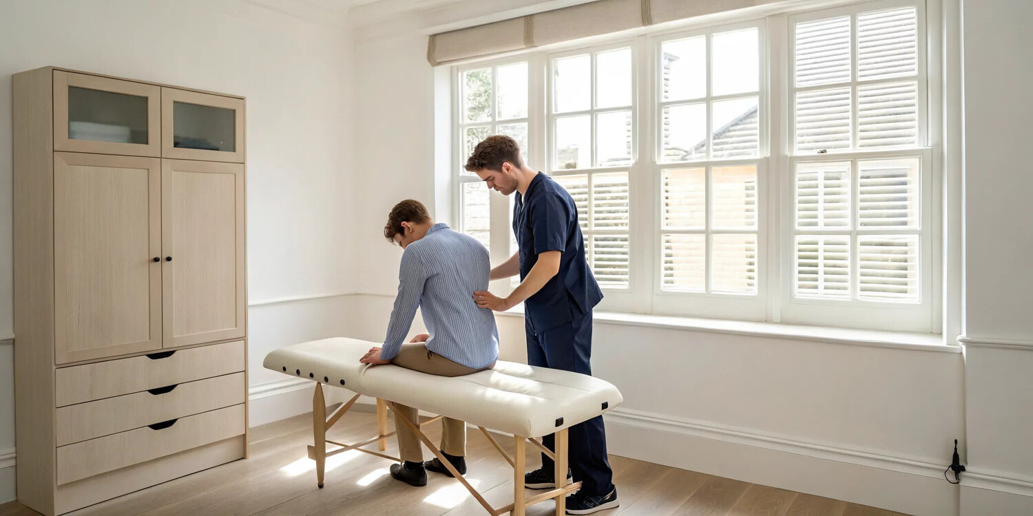 Chiropractor assessing a patient’s neck and back posture for tech neck.