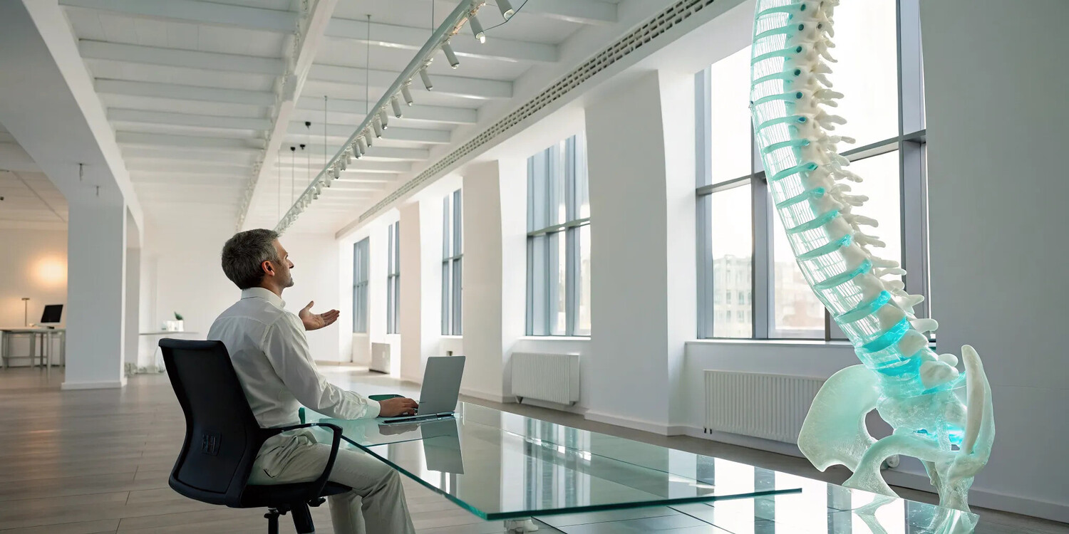 Man at a desk with a large spine model, learning about proactive spinal wellness care.