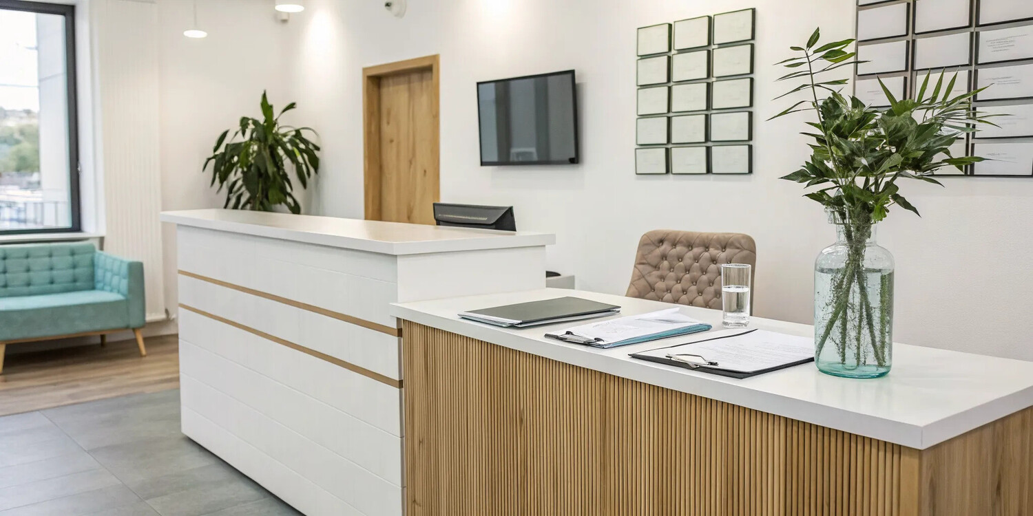 Chiropractor office reception desk with monthly membership forms and a clipboard.