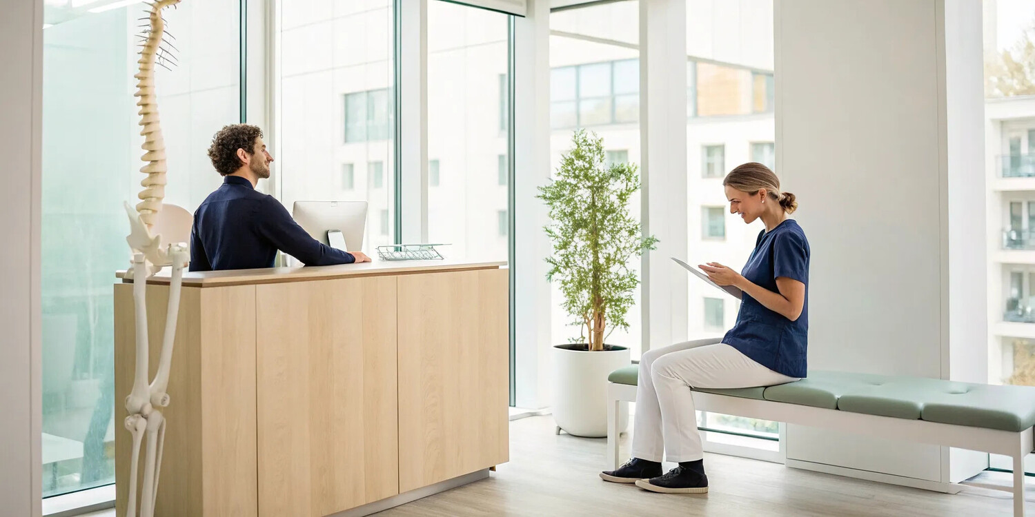 Patient at a chiropractic clinic discussing an affordable membership with the receptionist.
